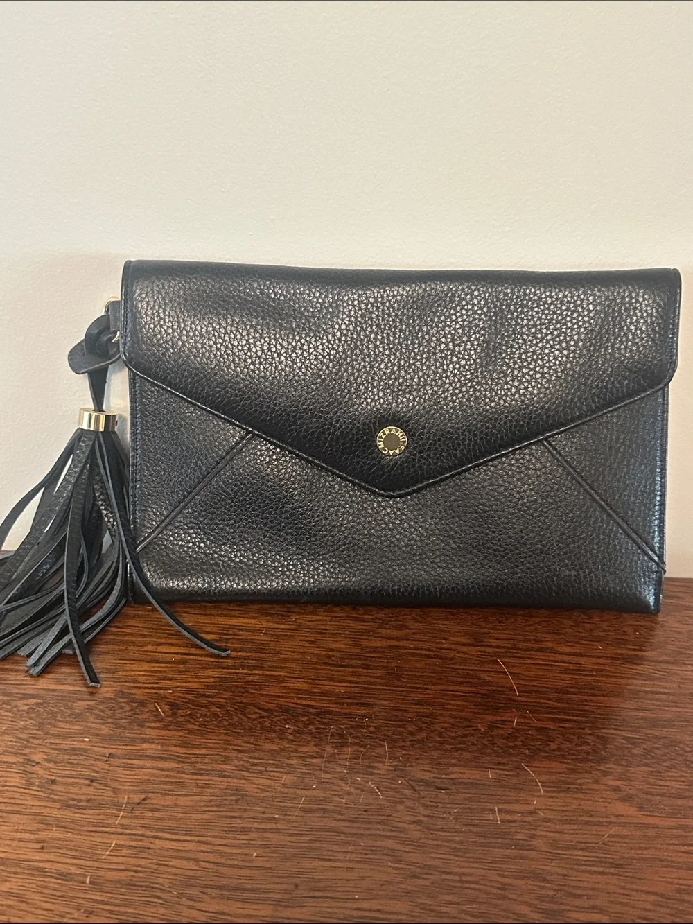 Isaac Mizrahi Black Pebbled Leather Envelope Clutch with Tassel